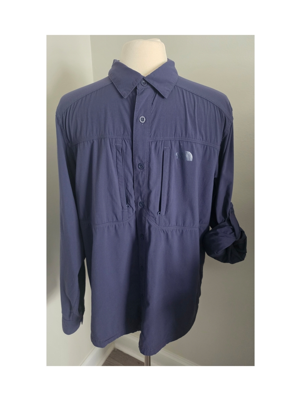 The North Face Technical Hiking Shirt Blue Zip Pockets Roll‑Up Sleeves LARGE